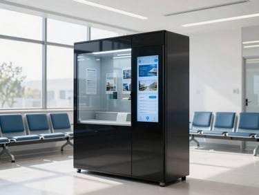 A modern hospital waiting room with a clean, black-glass smart retail kiosk, bright natural daylight, architectural photography