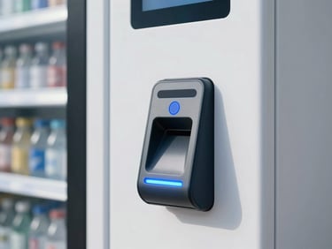 Close-up of a sleek cashless tap-to-pay interface on a modern vending machine, glowing blue LED indicator, high-end commercial aesthetic.