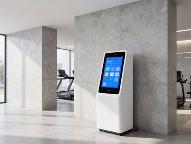 A high-end modern gym interior with concrete walls and a smart retail kiosk glowing softly, high-key lighting