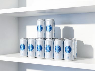 High-key studio product photography of premium sparkling water cans stacked on a clean white shelf, subtle blue shadow accents, 35mm