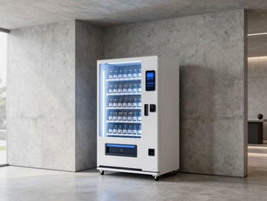 A minimalist luxury apartment lobby with concrete walls, featuring a beautifully lit smart vending machine, 35mm