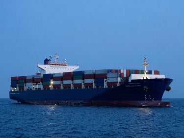 Wide-angle cinematic shot of a massive container ship in deep blue water at twilight, cool blue-hour lighting, premium logistics photography, 35mm
