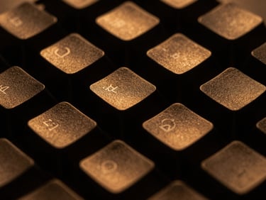 Tight macro shot of a sleek matte black mechanical keyboard keycap, dramatic amber side-lighting, deep shadows, 85mm lens