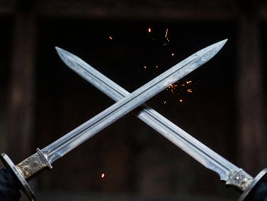 Close-up of two steel swords clashing in mid-air, sparks flying, dark moody background, dramatic side-lighting