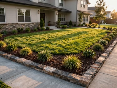 Completed residential landscaping at golden hour, trimmed lawn, stone borders, mulched beds, wide establishing shot, no people