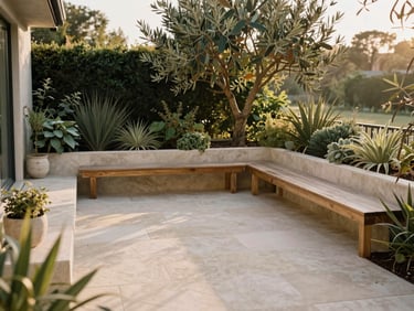 A beautifully finished limestone terrace with hand-selected structural planting and integrated timber seating, warm golden-hour daylight, editorial 35mm