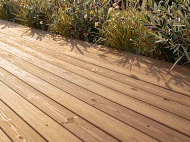 A leveled cedar wood deck with clean lines meeting a native wildflower border, soft morning light, warm organic editorial photography