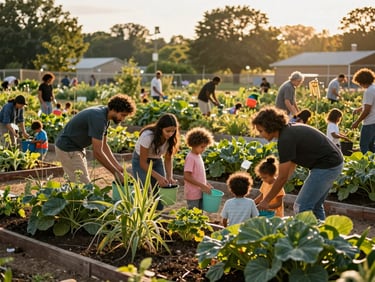 Community members tending a vibrant urban garden, children playing, golden hour, College Park.