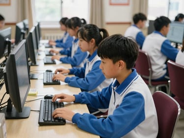 Junior high school students in blue and white uniforms learning coding in a modern computer laboratory, warm daylight, candid, 35mm