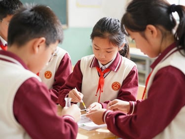 Elementary school students in red and white uniforms collaborating on a science project, bright daylight, warm tones, candid, 35mm