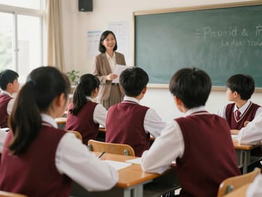 Senior high school students presenting a group project in a bright classroom, teacher smiling in the background, warm daylight, candid, 35mm