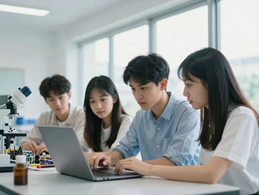 Students collaborating over a laptop in a bright, modern lab, focusing on a complex engineering problem, natural window light.