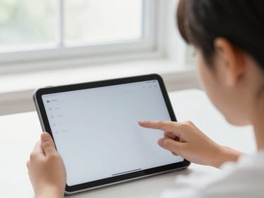 Close-up of a young student interacting with a clean, modern educational tablet interface in a bright classroom, natural light, soft cool tones.