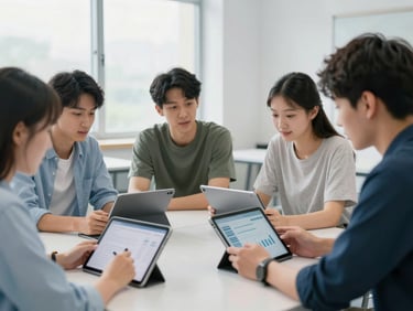 Students engaged in a lively discussion in a modern classroom, digital tablets open with research materials, soft studio lighting.