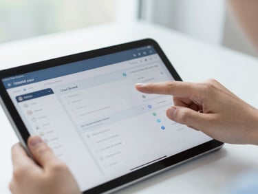 Close-up of a student's hands interacting with a tablet interface displaying a clean, data-rich learning dashboard, shallow depth of field.