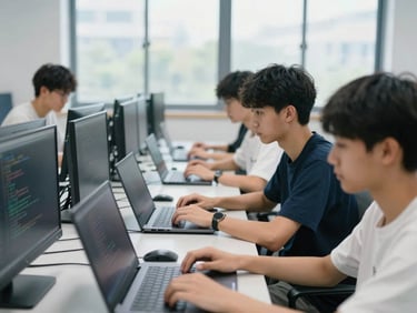 Medium-close shot of high school students engaged in coding on laptops in a sleek, architectural computer lab, bright lighting, focus on technology.