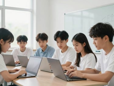 Medium shot of middle school students collaborating on a group project using laptops and an interactive whiteboard in a modern, well-lit classroom.