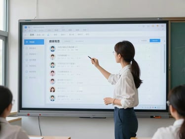 Teacher interacting with a large interactive screen displaying class management tools and student performance data, modern classroom.