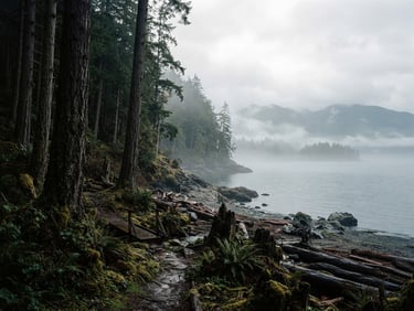 Moody PNW documentary photography of giant ancient Douglas firs rising above a misty Puget Sound shoreline, overcast diffused daylight, deep moss greens, 35mm film