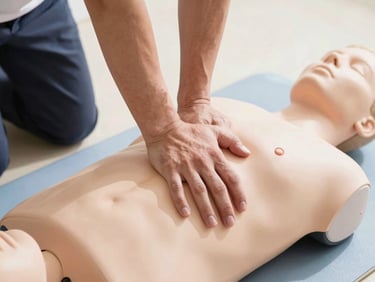 Close-up of hands practicing chest compressions on a CPR training manikin, bright natural daylight, authentic editorial style