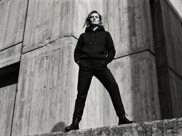 Low-angle heroic shot of a model in a structured black heavyweight hoodie standing against a raw concrete architectural wall, high-contrast dramatic lighting, desaturated monochromatic tones.