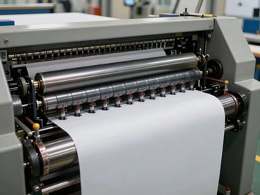 Industrial flexographic printing press in action, running a wide web of paper packaging material at high speed, sharp focus on the ink rollers and precise registration marks, bright factory lighting.