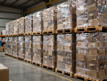 High-volume logistics warehouse interior, neatly organized pallets of finished packaging products wrapped in protective film, ready for shipping, wide environmental shot.