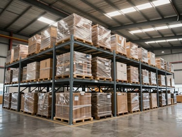 Vista amplia de un almacén industrial moderno con estanterías altas y palets organizados listos para despacho, iluminación clara y homogénea