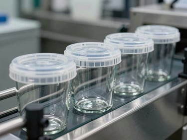 Row of clear glass and rigid plastic containers on a stainless steel conveyor belt, high clarity, sharp focus on the structural seals, neutral industrial lighting.