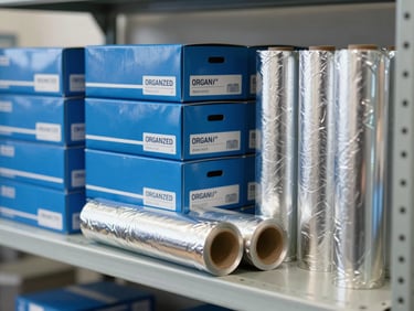 Organized stack of blue nitrile glove boxes and rolls of heavy-duty aluminum foil on a clean metal shelf, technical product photography, bright neutral light.
