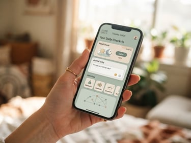 Close-up of a hand gently holding a phone displaying the Cope Daily app interface, soft morning light, shallow depth of field, muted sage and warm beige tones.