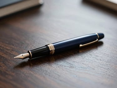 Close-up of a high-end fountain pen resting on a dark wood desk with subtle reflections, heavy paper texture, soft studio light, deep navy and champagne palette.