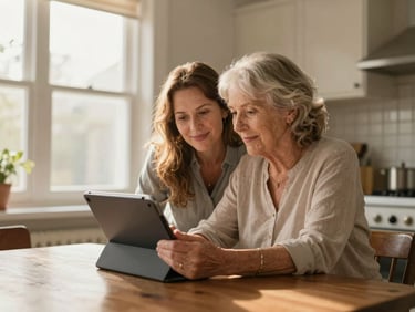 Wide environmental shot, afternoon window light, a senior woman in her 70s sitting at a kitchen table with a tablet, her adult daughter leaning in beside her, both looking at the screen together, warm domestic interior, soft golden daylight from the left, no posed smiles—just a genuine moment of shared attention