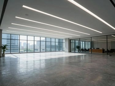 Wide-angle shot of an empty premium office floor in a glass tower, cool overhead fluorescent light casting sharp shadows, polished floor, no occupants