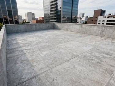 Overhead view of a clean-lined penthouse terrace in Asunción business district, empty concrete surface, cool diffuse daylight, no people