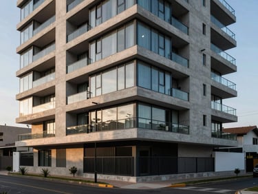 Environmental architectural shot of a modern residential building facade in Luque, Paraguay — clean concrete and glass exterior, afternoon cool light, empty street foreground