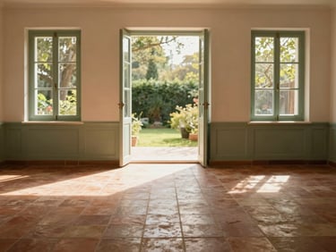 Wide environmental shot of a sunlit common room with terracotta tiled floors and sage green accents, large glass doors opening to a garden, warm golden light