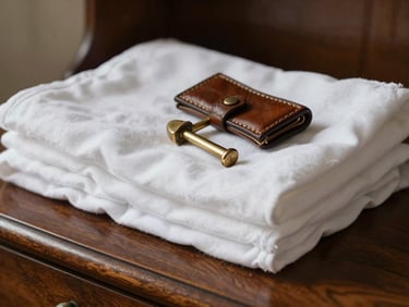 Gros plan macro sur des draps de coton blanc impeccables et repasses, plies avec soin sur un meuble en chene sombre, une cle en laiton avec un porte-cles en cuir deposee dessus, lumiere rasante naturelle.