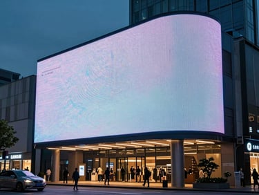 Large digital LED screen glowing at twilight next to a busy shopping district entrance, modern urban setting.