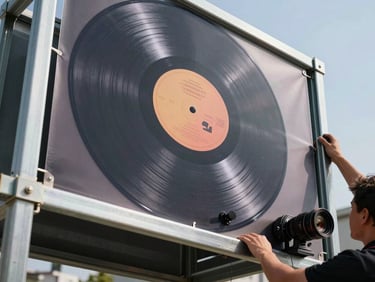 Close-up of a high-quality printed vinyl billboard texture being secured onto a steel frame by professional technicians, bright daylight, industrial details.