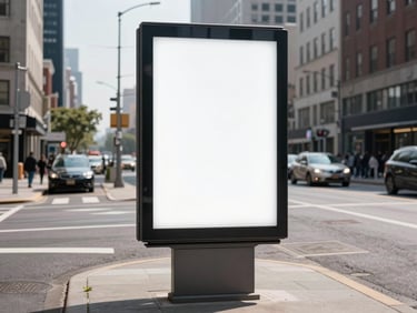 Front-light billboard on the corner of a major avenue, clear daylight, high-contrast urban environment.