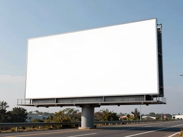 Double outdoor billboard setup along a major highway corridor, low-angle shot showing massive physical scale.