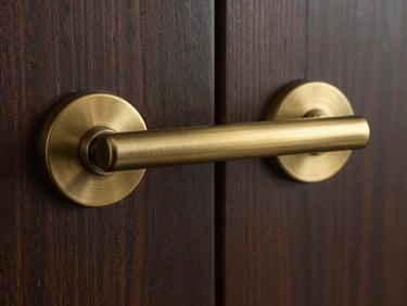 Close-up detail of a brushed brass door handle on a dark oak door, clean architectural lines, soft side lighting