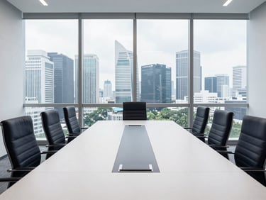 Wide environmental shot of a modern corporate boardroom overlooking the Jakarta skyline, overcast daylight, clinical editorial photography, 35mm