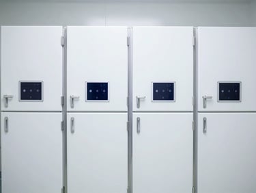 Sterile pharmaceutical cold-chain storage facility, clean white and steel tones, sharp focus, clinical editorial photography, 35mm.