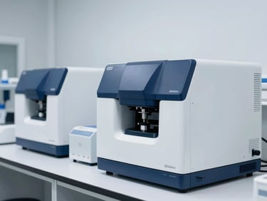 Modern high-tech laboratory environment with automated chemical analyzers, cool crisp light, deep navy and sterile white tones, sharp focus, 35mm.