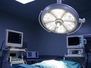 Sterile hospital operating room with advanced surgical lighting and medical monitors, clinical editorial photography, deep navy and sterile white tones, sharp focus, 35mm.
