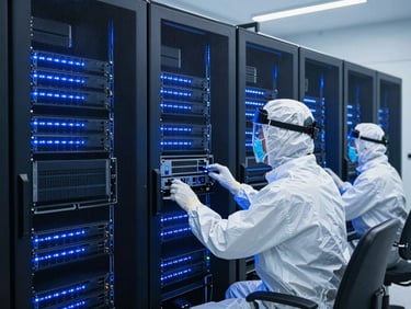 A high-tech server room with glowing blue LED lights, network engineer in safety gear monitoring systems, clinical editorial photography, 35mm.