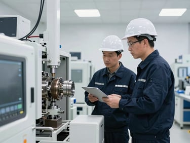Engineers inspecting industrial machinery in a modern clean manufacturing plant, overcast daylight, sharp focus, clinical editorial photography, 35mm.
