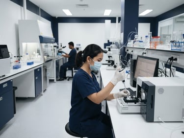 Clinical editorial photography of a modern high-tech laboratory facility in Jakarta, sterile white and deep navy tones, sharp focus, 35mm